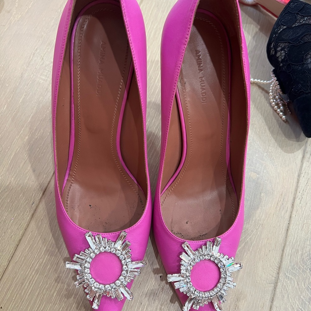 Amina Muaddi Pink Crystal Embellished Heels 41.5